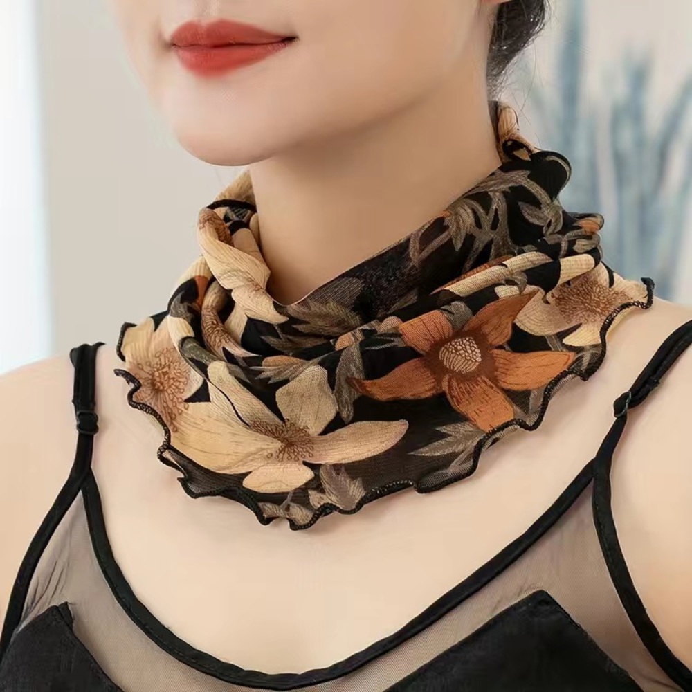 Ruffled Vintage Flower Print Gauze Weight Scarf - Picture 3 of 5